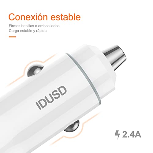 IDUSD Cargador Coche USB 12W Blanco, Adaptador con Doble Puerto USB 2.4A + Cable USB Tipo C 1,2 Metros Compatible: Cámara Deportiva Sansung Huawei Xiaomi Redmi Tablet Pixel