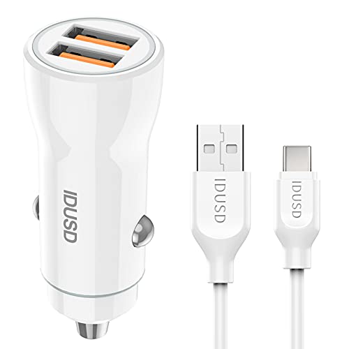 IDUSD Cargador Coche USB 12W Blanco, Adaptador con Doble Puerto USB 2.4A + Cable USB Tipo C 1,2 Metros Compatible: Cámara Deportiva Sansung Huawei Xiaomi Redmi Tablet Pixel