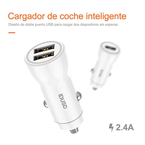 IDUSD Cargador Coche USB 12W Blanco, Adaptador con Doble Puerto USB 2.4A + Cable USB Tipo C 1,2 Metros Compatible: Cámara Deportiva Sansung Huawei Xiaomi Redmi Tablet Pixel