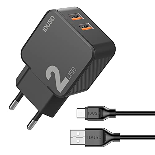 IDUSD Cargador Doble USB 2.4A con Cable 2 Metros USB Tipo C, Enchufe Cargador de USB C 2 Puertos Compatible Samsung S21 S20 Huawei P40 Pro P30, Xiaomi Redmi 10 OPPO Vivo Tablet (Negro)