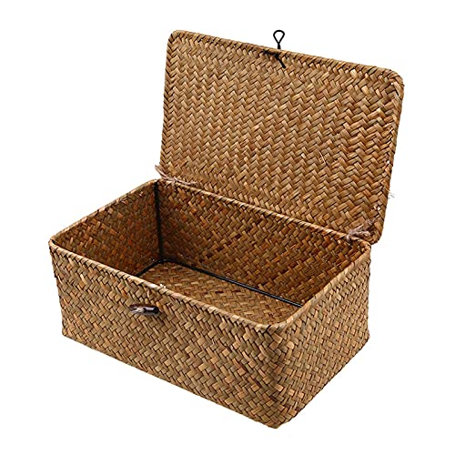 IHONYI Cesta de almacenamiento con tapa, cesta de almacenamiento trenzada a mano, cesta de mimbre natural, multiusos, para baño, cocina, organizador del hogar (grande)