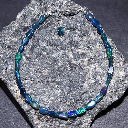 InfinityGemsArt AA+ Natural Black Ethiopian Opal Gemstone Full Beads Dainty Tumbles Bracelets for Women, Birthstone, Healing Stones, Premium Gift, 925 Sterling Silver Chain 8 inch