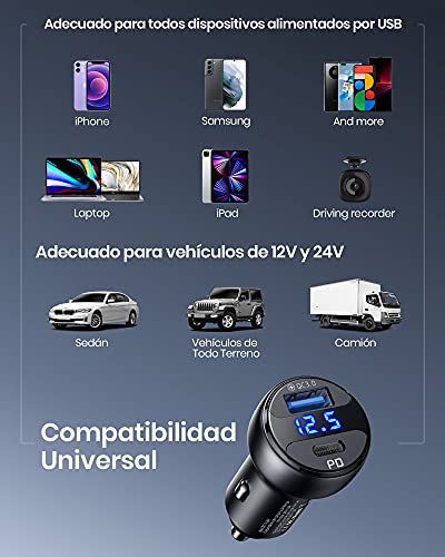 INIU Cargador de Coche, 66W 6A Carga rapida con 2 Puertos USB C USB A PD & QC Cargador de automóvil rápido para iPhone 13 12 11 Pro MAX Mini XR 8 Samsung S21 Note Pixel iPad AirPods Switch MacBook.