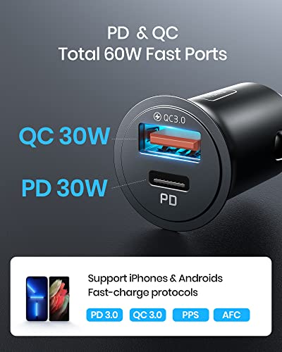 INIU Cargador DE Coche, TOTAL-60W 5A USB-A & USB-C Carga RÁPIDA Cargador de automóviles, Adaptador de Metal para iPhone12 Pro MAX Mini 11 XR 8 Samsung S21 Huawei LG iPad Airpods Portátiles Tabletas.…