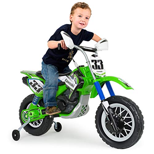 INJUSA - Moto Cross Thunder Kawasaki 12V con puño Acelerador licenciada, Recomendada a niños +3 años, Color Verde (6835)