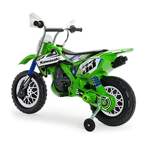 INJUSA - Moto Cross Thunder Kawasaki 12V con puño Acelerador licenciada, Recomendada a niños +3 años, Color Verde (6835)