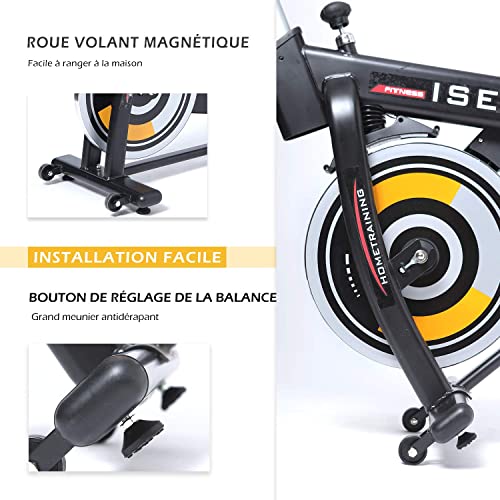 ISE Bicicleta de ejercicios cardiovasculares para interiores, 15 KG de peso mosca con programa y pantalla silenciosa, manillar y asiento ajustables