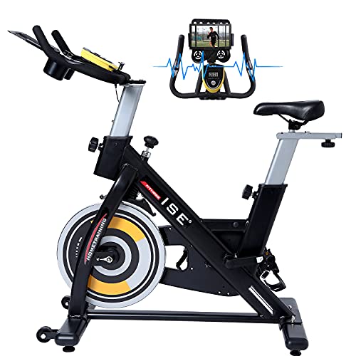 ISE Bicicleta de ejercicios cardiovasculares para interiores, 15 KG de peso mosca con programa y pantalla silenciosa, manillar y asiento ajustables