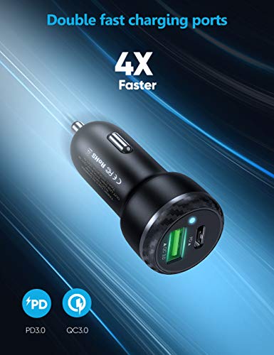 IWAVION USB Tipo C Cargador de Coche,Quick Charge 3.0&PD 36W Carga Rapida Doble Puertos USB Adaptador Cargador de Coche con Cable USB C a USB C para Samsung Galaxy S20/S10/S9,Huawei P30/P20,Xiaomi 9