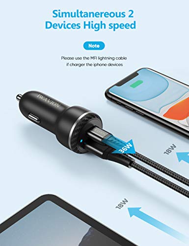 IWAVION USB Tipo C Cargador de Coche,Quick Charge 3.0&PD 36W Carga Rapida Doble Puertos USB Adaptador Cargador de Coche con Cable USB C a USB C para Samsung Galaxy S20/S10/S9,Huawei P30/P20,Xiaomi 9