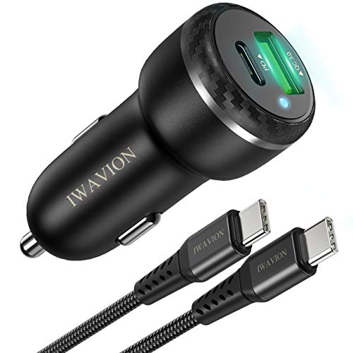 IWAVION USB Tipo C Cargador de Coche,Quick Charge 3.0&PD 36W Carga Rapida Doble Puertos USB Adaptador Cargador de Coche con Cable USB C a USB C para Samsung Galaxy S20/S10/S9,Huawei P30/P20,Xiaomi 9