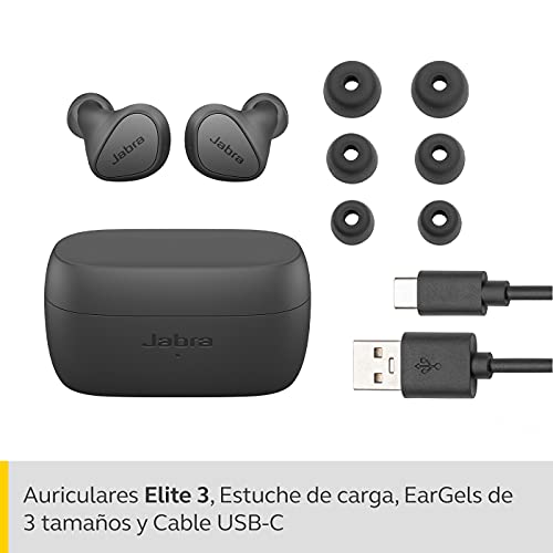 Jabra Elite 3 Auriculares Inalámbricos Bluetooth - Realmente Inalámbricos con aislamiento del ruido - 4 micrófonos - Graves intensos - Sonido a medida y modo mono - Gris oscuro