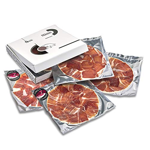 Jamón Serrano gran reserva duroc, con más de 20 meses de curado, cortado a mano por un maestro jamonero y envasado al vacío. 8 sobres de 80 g envasados al vacío.