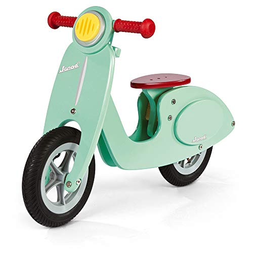 Janod - Motocicleta sin pedales de madera Mint- Vintage con aspecto retro - Aprendiendo Balance y Autonomía - Sillín ajustable, Neumáticos inflables - Color verde menta - Desde 3 años, J03243