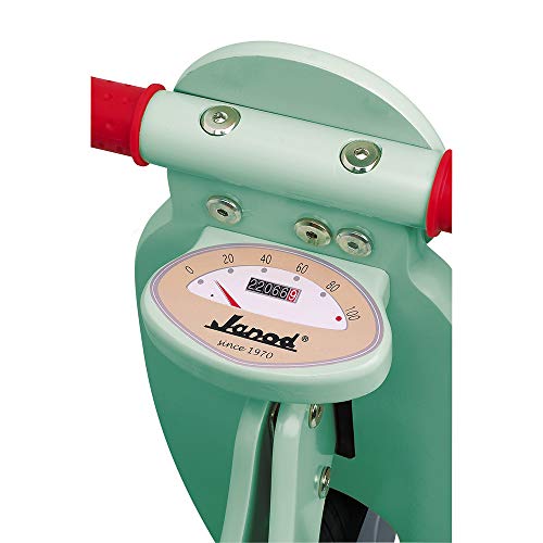 Janod - Motocicleta sin pedales de madera Mint- Vintage con aspecto retro - Aprendiendo Balance y Autonomía - Sillín ajustable, Neumáticos inflables - Color verde menta - Desde 3 años, J03243