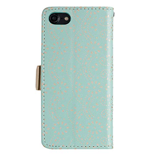 JAWCASA Funda para iPhone 8/7/iPhone SE 2020 (4,7 Pulgadas), PU Cuero Slim Case de Billetera Carcasa TPU Silicona Case [Cremallera de Encaje] Interna Suave [Soporte Plegable Función] Funda (Verde)