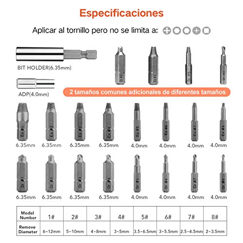 Jellas 22PCS Extractor de Tornillos, Brocas de Pulido Separadas y Brocas de Extracción, Magnetizado y Adaptador para Tornillos y Pernos Dañados Desde 2mm hasta 12mm, Dureza 64-65HRC, SE22