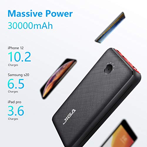 JIGA Power Bank Batería Externa Cargador Móvil Portátil 30000mAh Ultra Alta Capacidad con 3 Salidas y 3 Entradas y Linterna, USB C de Carga Rápida Powerbank para iPhone, Samsung, iPad, Smartphones etc