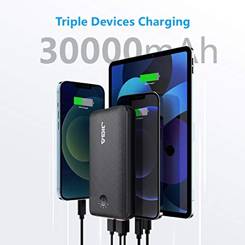 JIGA Power Bank Batería Externa Cargador Móvil Portátil 30000mAh Ultra Alta Capacidad con 3 Salidas y 3 Entradas y Linterna, USB C de Carga Rápida Powerbank para iPhone, Samsung, iPad, Smartphones etc