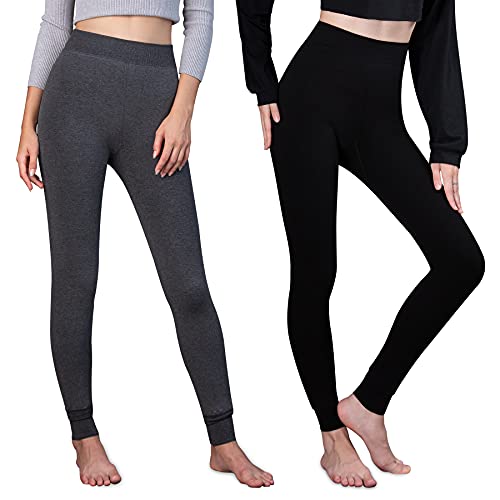 JINOO Leggings para Mujer,2 Pares Medias Leggings Térmicos Calientes Elásticos de Invierno,Negro + Gris Oscuro