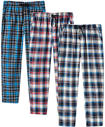 JINSHI Hombre Pantalones Largos de Pijama Algodón Casa Invierno Pantalón Cálido a Cuadros con Bragueta de Botón 3 Pack L