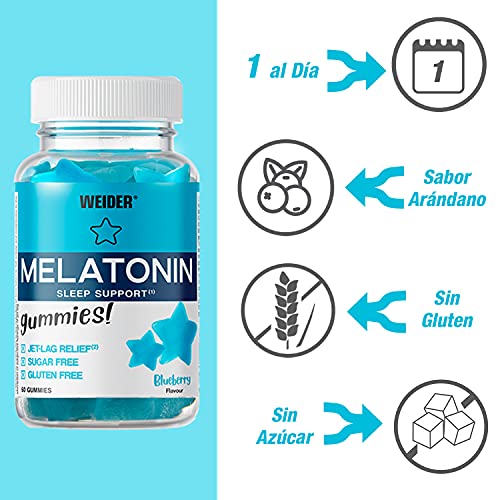 JOE WEIDER VICTORY Melatonine Up, 60 gummies, Sabor Blueberry, 1 mg de melatonina por gominola, Sin gluten y sin azúcar