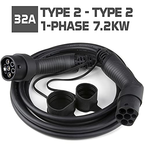 Jolt Cable de Carga para Vehículos Eléctricos - Tipo 2 a Tipo 2 32A 7,2kW Monofásico - Impermeable IP44, Resiste el Calor, Rayos UV y Clima Frío - Clavija Plateada, Asa Ergonómica - 5 Metros