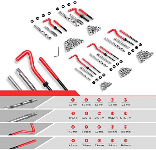 JOMAFA JUEGO PARA REPARAR ROSCAS CON HELICOIL M5, M6, M8, M10 Y M12 131 PIEZAS KIT DE REPARACION DE ROSCAS HELICOIDALES