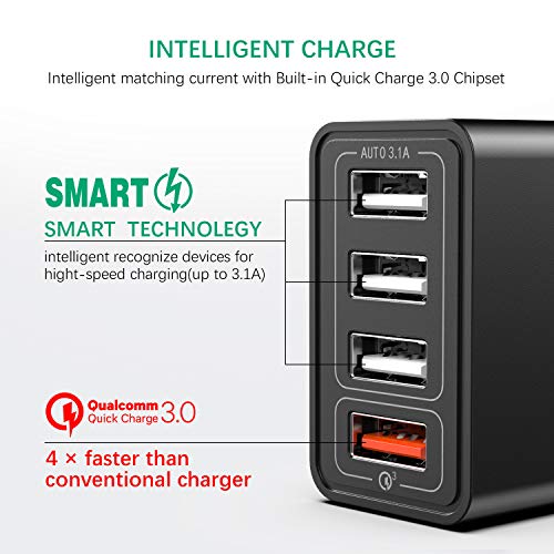 JOOMFEEN Quick Charge 3.0 Cargador USB de Pared con Cable USB Tipo C,30W QC 3.0 Cargador Móvil 4 Puertos Cargador de Red USB Carga Rapida para Samsung Galaxy S10E/S9/S8/Note8,Huawei P20,Xiaomi(Negro)