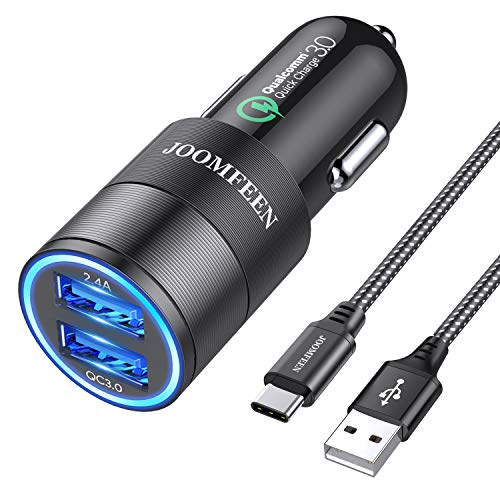 JOOMFEEN USB Tipo C Cargador de Coche,Quick Charge 3.0+2.4A 30W Carga Rapida Doble Puertos USB Adaptador cargador de coche con Cable USB C para Samsung Galaxy S10E/S9/S8/Note 8,LG G6,Huawei P20/Mate10