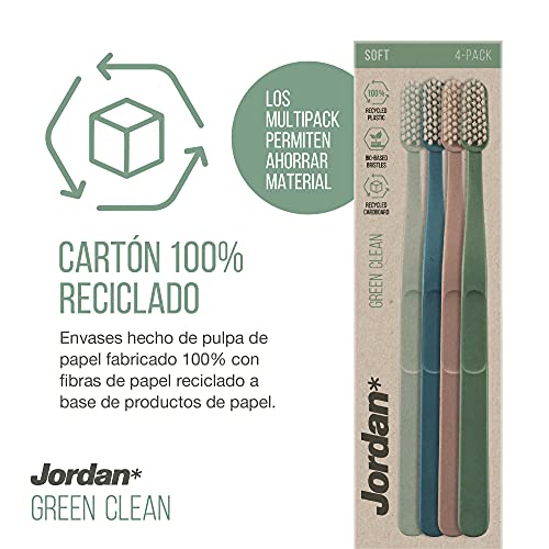 Jordan ® | Cepillo de dientes manual Green Clean | Cepillo de dientes sostenible fabricado con materiales reciclados | Diseño escandinavo | Cerdas suaves | Color aleatorio | Pack 4 Unidades