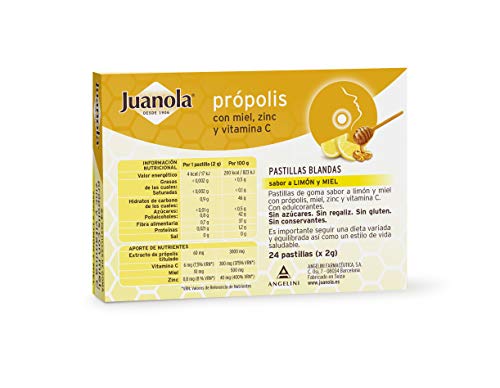 JUANOLA Própolis Sabor Limón y Miel - 24 pastillas blandas - Ayudan a suvaizar la garganta de forma natural. Producto alimenticio con Própolis, Miel, Zinc y Vitamina C.