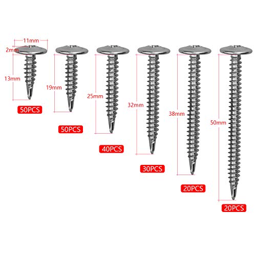 Juego de 210 tornillos autorroscantes de acero inoxidable, 13 mm, 19 mm, 25 mm, 32 mm, 38 mm, 50 mm