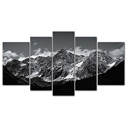 Juego de 5 lienzos decorativos con impresión Giclée y diseño de una fotografía de montaña nevada en tonos blancos y negros, de estilo moderno, ideal para salones