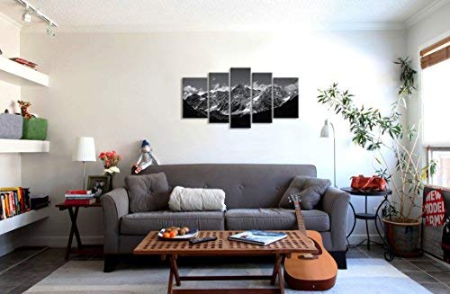 Juego de 5 lienzos decorativos con impresión Giclée y diseño de una fotografía de montaña nevada en tonos blancos y negros, de estilo moderno, ideal para salones