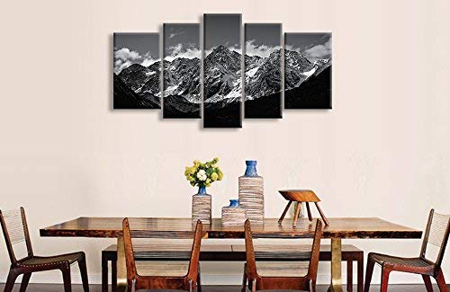 Juego de 5 lienzos decorativos con impresión Giclée y diseño de una fotografía de montaña nevada en tonos blancos y negros, de estilo moderno, ideal para salones