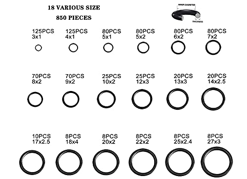 Juego de aros tóricos, 850PCS 18 Tamaños Junta Tórica, O ring, Kit de Surtido de Juntas Tóricas de Goma,Plomería Hidráulica Juntas Para Sellado De Arandela De Fontanería y Reparación Rápida Automática