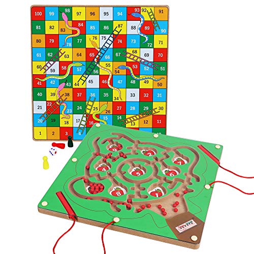 Juego de serpientes y escaleras de madera - mesa y rompecabezas de laberinto magnético - juguetes para niños números matemáticos Montessori - viajes silenciosos para niños pequeños - tablero ocupado