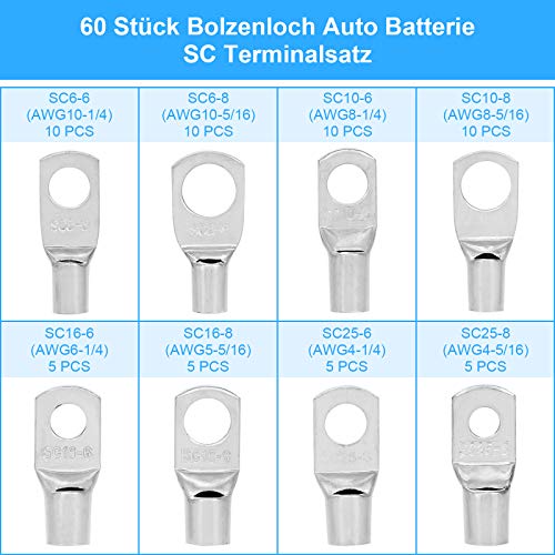 Juego de Terminales de Cable 60 Unidades, Orificio Perno Terminales de Cobre Estañado Terminales Cable de Conexión 8 Tamaño Conector de Crimpado para Cables Coche Batería SC Anillo de Alambre SC