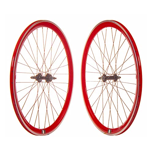 Juego Ruedas Bicicleta Fixie 700C Rojas/Set de Ruedas para Bicicletas Tipo Fixie en Color Rojas con CNC (Banda de frenado mecanizado) en Color Rojo.