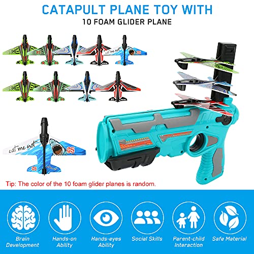 Juguete de avión de catapulta Modelo de eyección con un Clic, Yideng Juego de Tiro de Pistola de Larga Distancia de eyección con 10 Aviones de Planeador de Espuma, para niños (Azul)