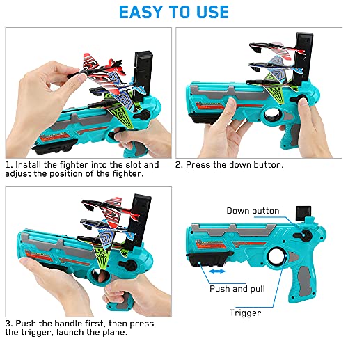 Juguete de avión de catapulta Modelo de eyección con un Clic, Yideng Juego de Tiro de Pistola de Larga Distancia de eyección con 10 Aviones de Planeador de Espuma, para niños (Azul)