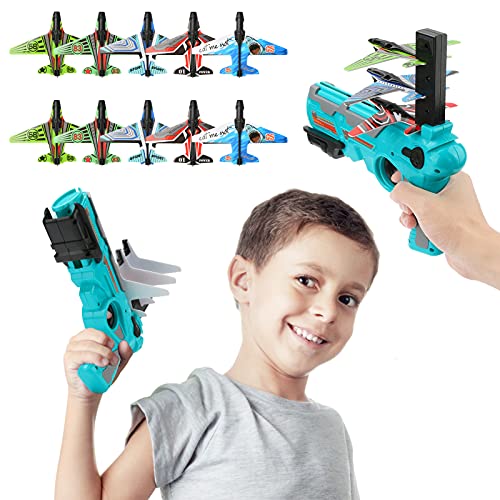 Juguete de avión de catapulta Modelo de eyección con un Clic, Yideng Juego de Tiro de Pistola de Larga Distancia de eyección con 10 Aviones de Planeador de Espuma, para niños (Azul)