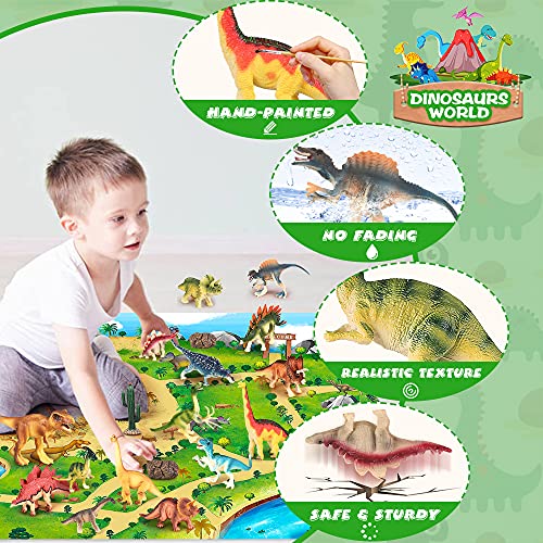 Juguetes de dinosaurios con tapete de juego de actividad figuras realistas de dinosaurios para crear un mundo de dino incluyendo T-Rex Triceratops con bolsa regalos de fiesta para niños de 3+