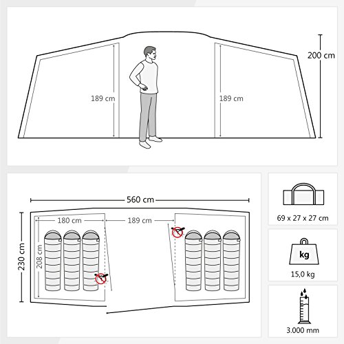 Justcamp Lake 6 Tienda de campaña familiar 6 Personas (560 x 230 x 200 cm)