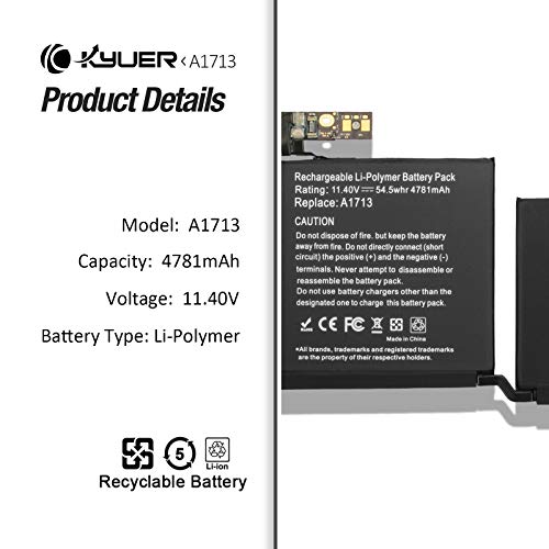 K KYUER A1713 Batería para MacBook Pro 13" A1708 Late 2016 Mid 2017 EMC 3164 2978 MLL42LL/A MLL42B/A MLL42Y/A MLL42FN/A MLUQ2LL/A MPXQ2LL/A MPXQ2B/A MPXQ2D/A MPXQ2FN/A 4781mAh 54.5Wh Battery with Tool