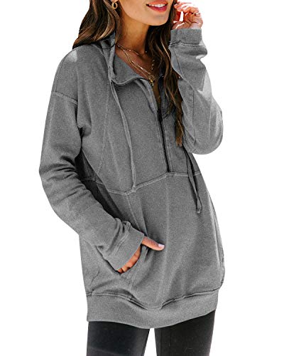 kenoce Sudaderas con Capucha Informales para Mujer Bloque de Color a Rayas con Cordón de Manga Larga Sudaderas con Capucha Túnica de Punto N-Gris XL