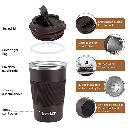 KETIEE Taza de Café,380ml Taza de Viaje Aislada,Taza Térmica Reutilizable,Tazas de Café de Doble Pared,Taza de Viaje para Café,Vaso-Termo-Cafe para Llevar,Taza de Café Reutilizable,Marrón