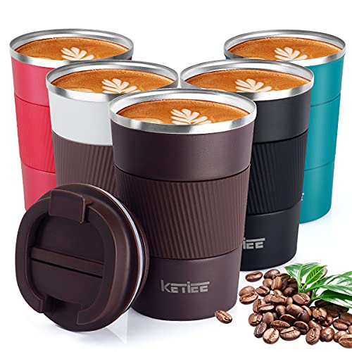 KETIEE Taza de Café,380ml Taza de Viaje Aislada,Taza Térmica Reutilizable,Tazas de Café de Doble Pared,Taza de Viaje para Café,Vaso-Termo-Cafe para Llevar,Taza de Café Reutilizable,Marrón