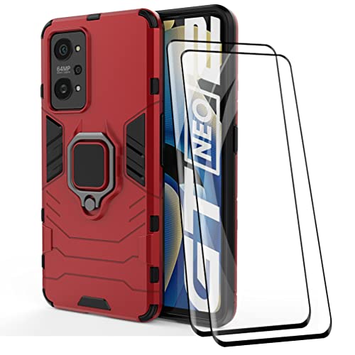 KEYYO Funda + [2 Piezas] Protector de Pantalla para OPPO Realme GT Neo 2, TPU/PC Antigolpes Armor Protección Carcasa [360° Soporte] con 9H Dureza Vidrio Templado Protector, Rojo